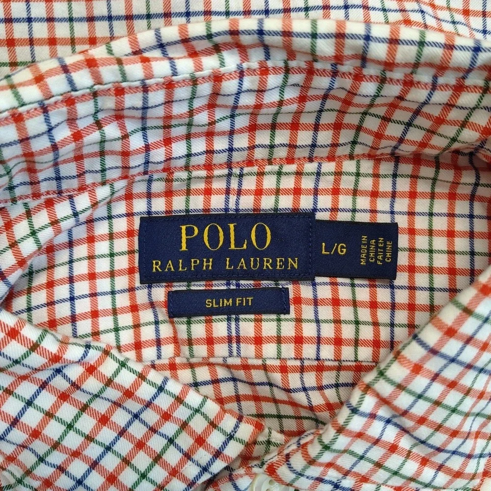 Polo Ralph Lauren Button Down Shirt Mens Large Slim Fit Orange Green Plaid Check